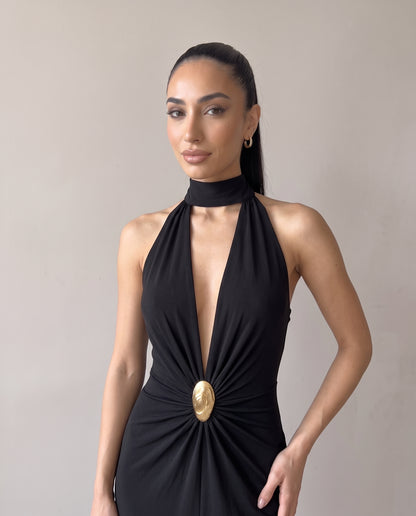 Halter haljina sa dubokim izrezom, crna, detalj