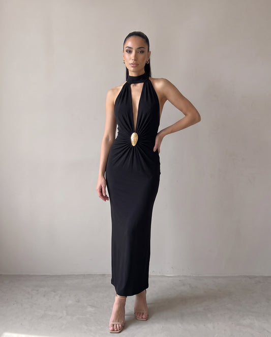 Halter haljina sa dubokim izrezom, crna, spreda